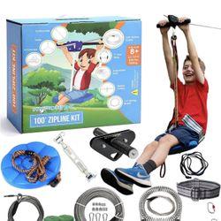 Kit de tirolesa para niños y adultos, 100/120/150/200 pies, hasta 350 libras, acero inoxidable inoxidable, instalación rápida con trinquete, arnés de 