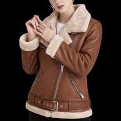 Women’s Brown Faux Leather & Fur Jacket, M / Chaqueta de Piel Sintética Marrón Para Mujer, M