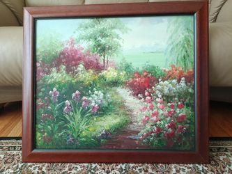 Painting of Flowers in a Field 28" x 24" W Brown Frame