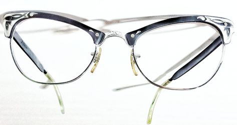 Mid century modern 4.5" etched aluminum silver and black womens eyeglass frames