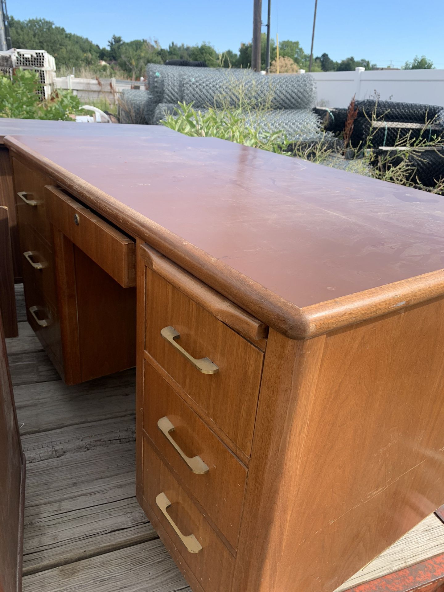 Brown Wood Desk With Brass Handles