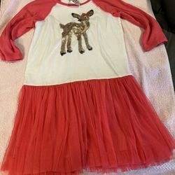 Little Girls, Red And White Reindeer Dress With Tulle Skirt And Flippy Sequins