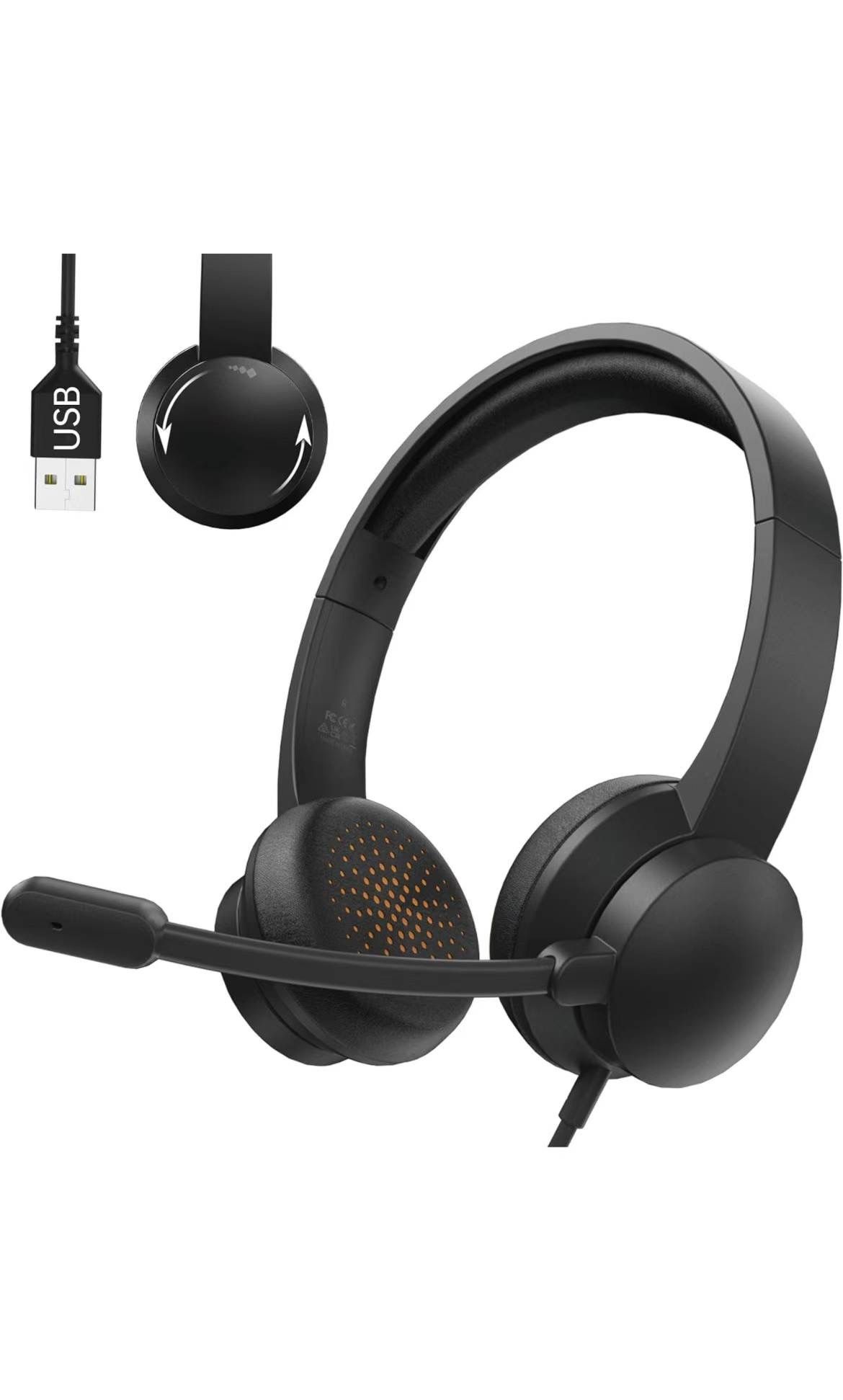 Headset with Microphone for PC, USB Headset with Noise Cancelling Microphone, Computer Headset for Zoom, Skype, Teams Calls, Black