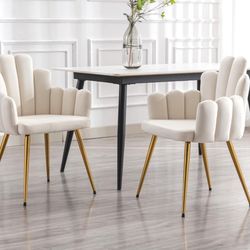 Velvet Dining Chairs Set of 2 Comfy Upholstered Accent Arm Chairs with Mid Back Modern Finger Shape Vanity Chair with Gold Metal Legs for Living Room/