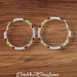 White With Native Colors 2” Beaded Hoops, New, Handmade By Me