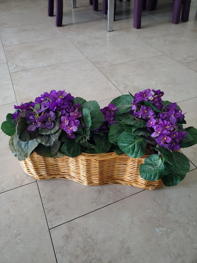 Purple Artificial Flowers In 19" Wicker Basket