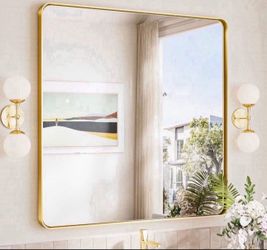 Gold Bathroom Mirror 36x36 Inch Gold Wall Mirror Brass Brushed Metal Frame Mirror Large Rounded Rectangle Mirror For Bathroom