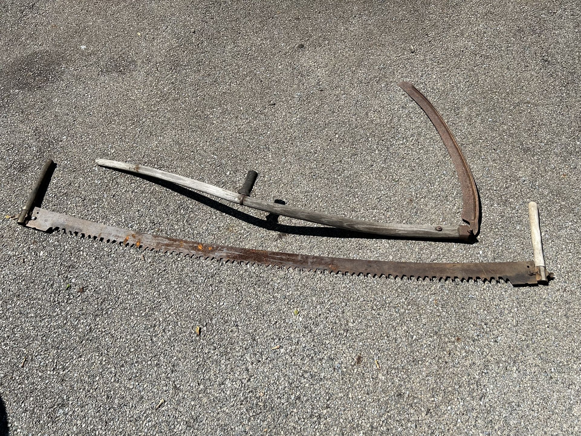 Vintage Tools, 2 Man Saw And Sickle. Nice Used Condition.