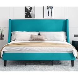 PEACOCK BLUE TURQUOISE FABRIC KING BEDFRAME NEW IN BOX