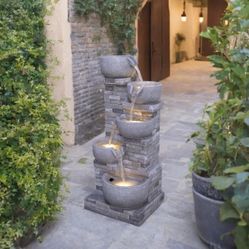 5-Tier Outdoor Water Fountain with Cascading Waterfall and LED Lights for Garden, Backyard and Patio, Grey, 33.5 Inches Tall