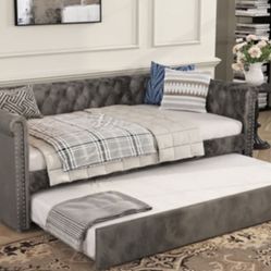 Velvet Gray Day Bed With Trundle 