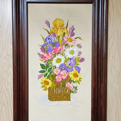 Mid Century Vintage Large Crewel Embroidery Flowers In Basket Framed In Wood Retro