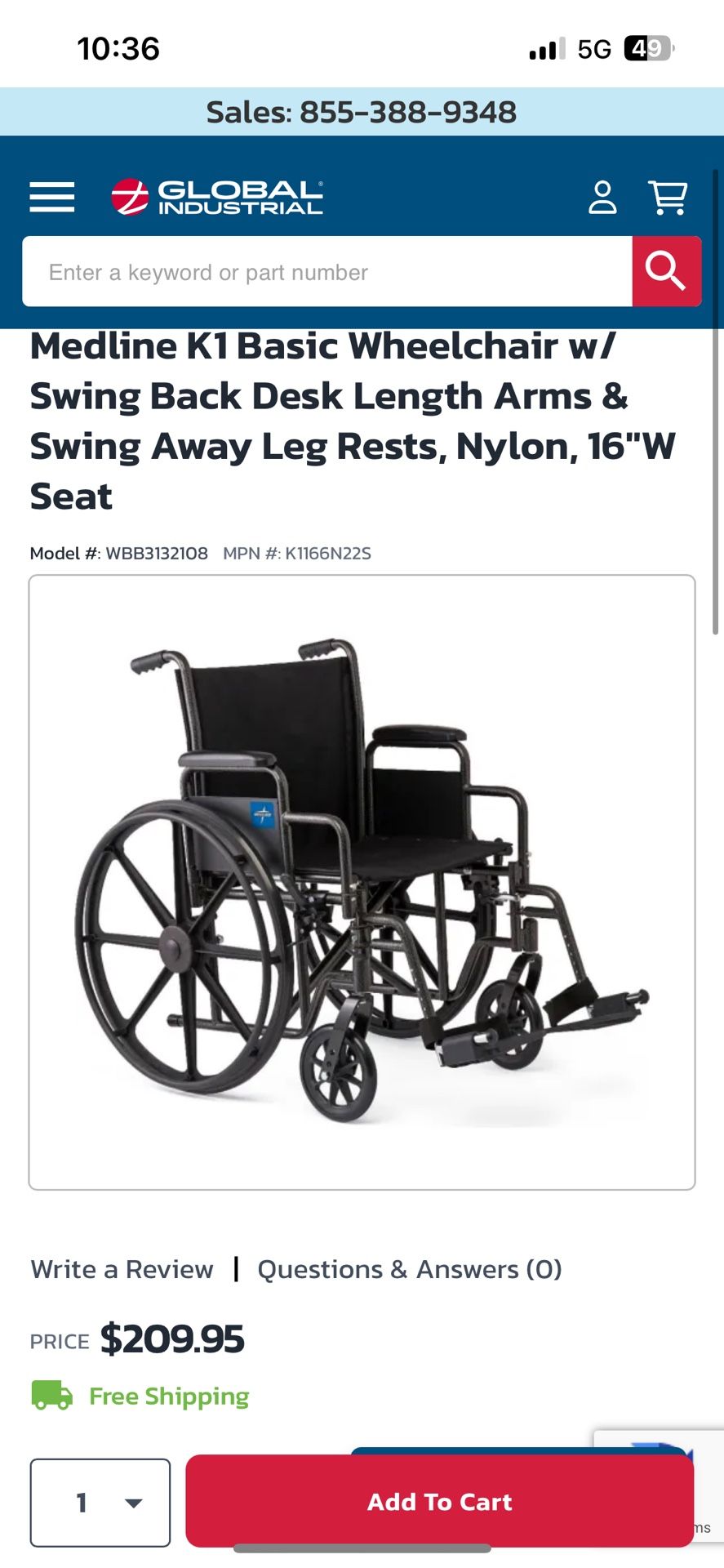 Medline K1 Basic Wheelchair w/ Swing Back Desk Length Arms & Swing Away Leg Rests, Nylon, 16"W Seat