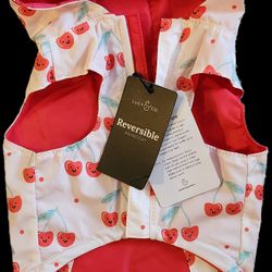 Lucy & Co. The Cheery Cherries Reversible Waterproof Dog Raincoat, Red, Small
