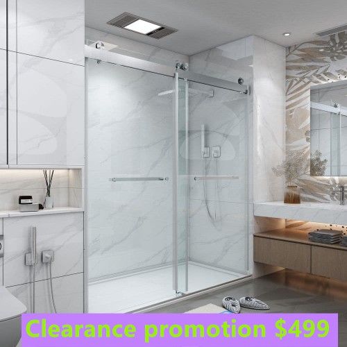 60 in. W x 76 in. H Double Sliding Frameless Shower Door in Brushed Nickel with Soft-Closing and 3/8 https://offerup.com/redirect/?o=aW4uR2xhc3M= show