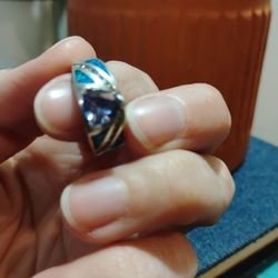 Amethyst Stone with Blue Fire Opal Inlay Ring with Diamonds. Sterling silver