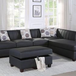 Brand New Black Leather 3pc Sectional Sofa With Storage Ottoman