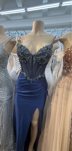 Navy Blue Beaded Corset Formal Gown