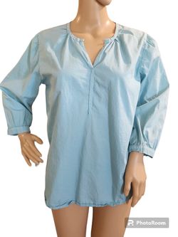 Cut Loose Womens S Aqua Blue Lightweight Organic Cotton V Neck Blouse 3/4 Sleeve