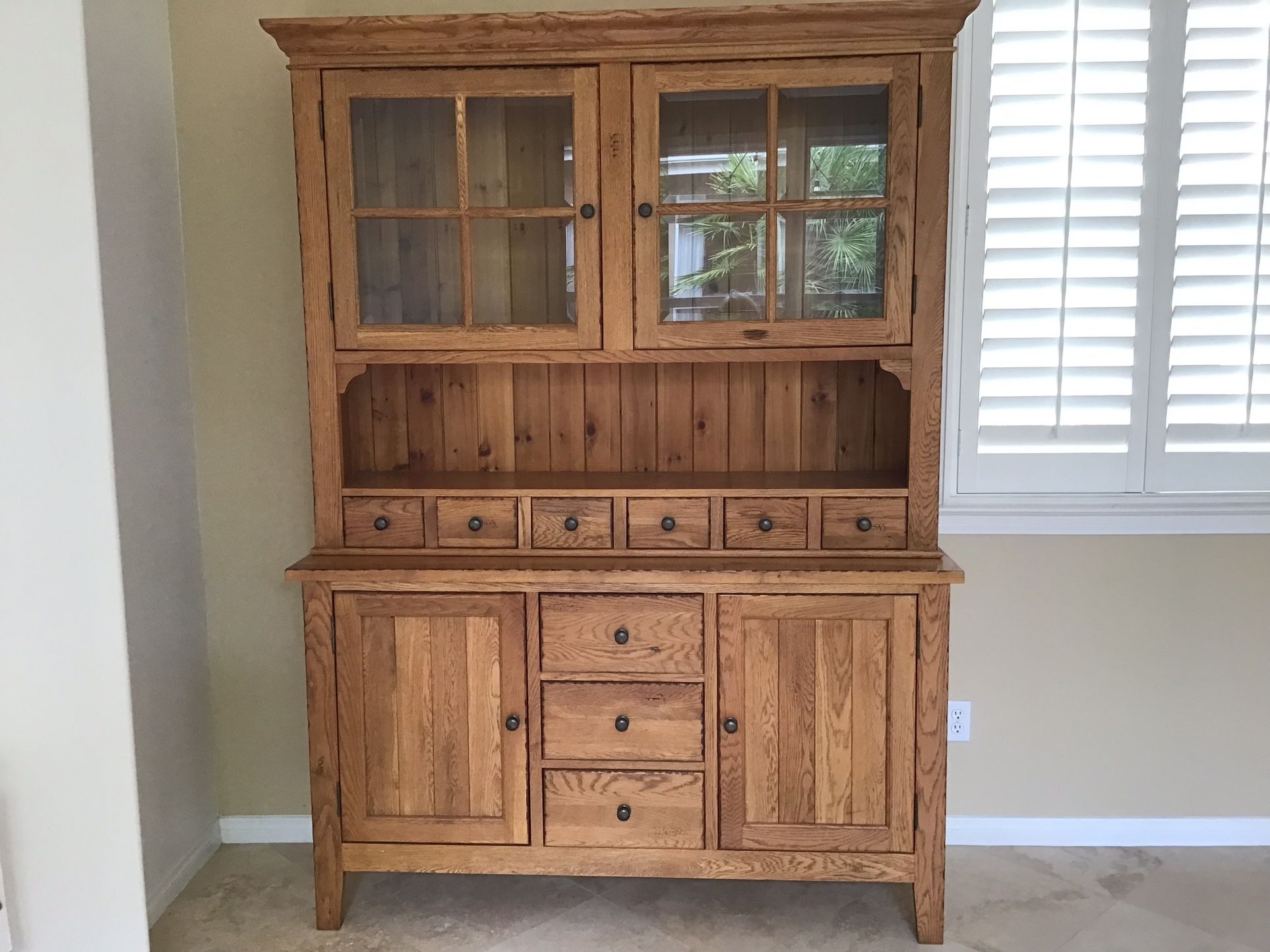Solid oak hutch/cabinet. 60”w X 84”H X 12”deep (top) 18”deep (bottom Cabinet)