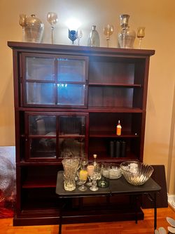 Dark Cherry Wood Display Cabinet with Glass Doors
