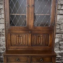 ◇■◇ Exquisite Antique Jacobean Solid Oak Display Cabinet with Leaded Glass ◇■◇