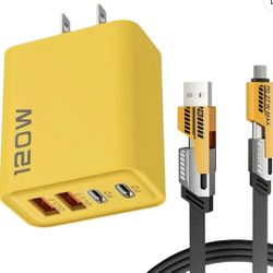 Portable Fast Charger, 120W Type C/USB A Dual Ports Adapter,4 in 1 Fast Charging Cable & Data Sync, Mechanical Style Multi-Function Cable, 