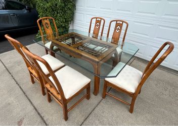 *Delivery Available* 7-Piece Dining Set – Glass Top Table + 6 Upholstered Wood Chairs