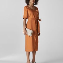 Whistles ambika linen rust orange button down short sleeve midi dress 8