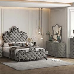 GRAY VELVET FABRIC GLAM TUFTED QUEEN SIZE BED - CAMA