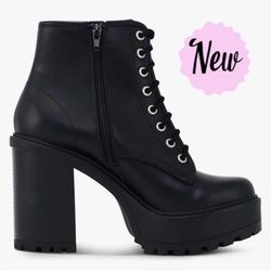 NEW Black Chunky Heel Ankle Boots Combat Zip up & Lace Up Punk Goth Biker Size 6