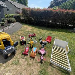 Lots of Ride-On Bikes, Firetruck, Trucks, Trikes, Balance Bikes, Toddler Bed, Kid Outdoor Chair