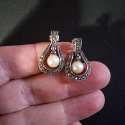 925 Silver Marcasite Faux Pearl Earrings
