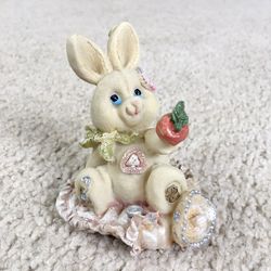 Vintage 1990s Bunny Rabbit Sitting On Pillow With Strawberry Resin Figurine