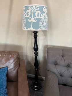 Black Traditional Floor Lamp with Blue Damask Shade