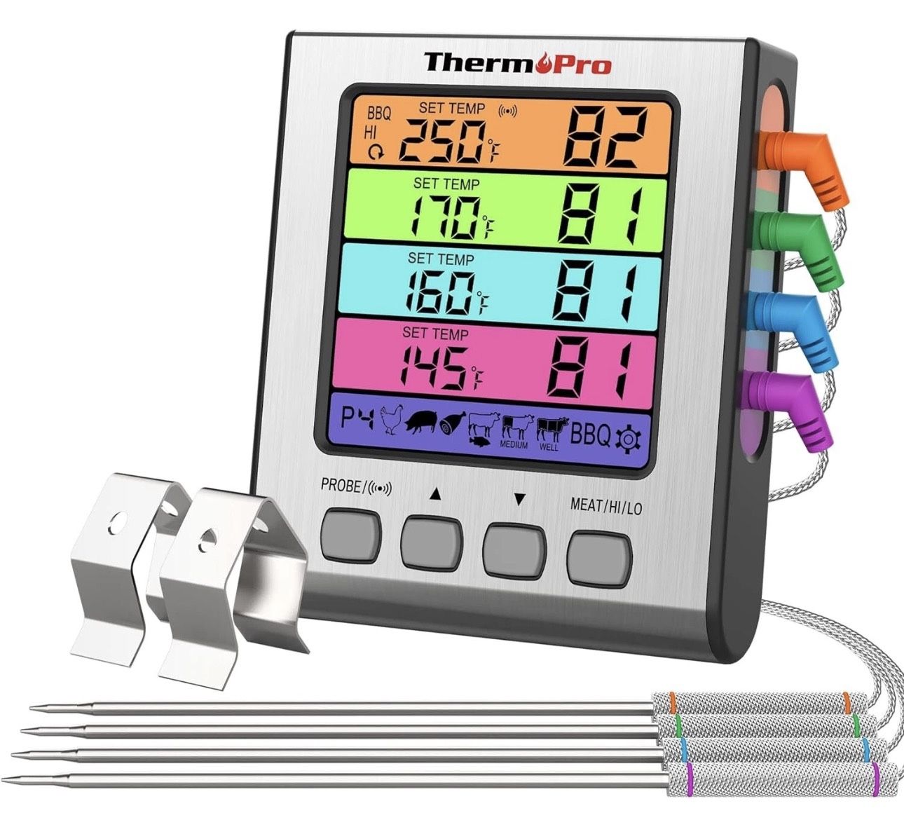 4 Probe BBQ Thermometer with Multi-Color Backlit LCD & Alert for Perfect Meat