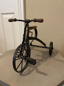 Vintage Miniature Handcrafted Wrought Rustic Wood Iron Metal Working Tricycle Sculpture Decor