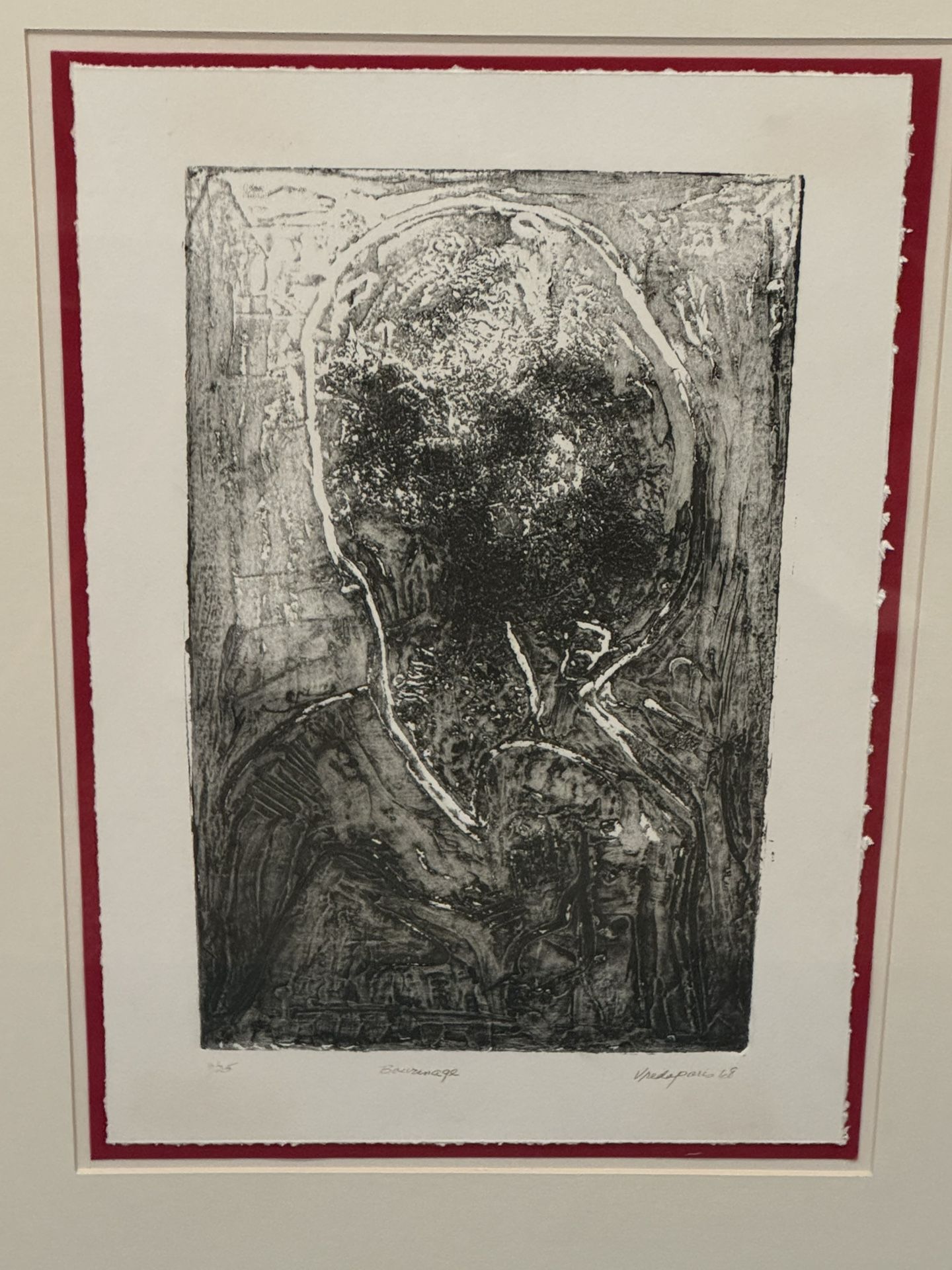 FREIDA VREDAPARIS (1928-) 1968 Surrealist Collagraph Print "BOURINAGE" Sgd. 3/25