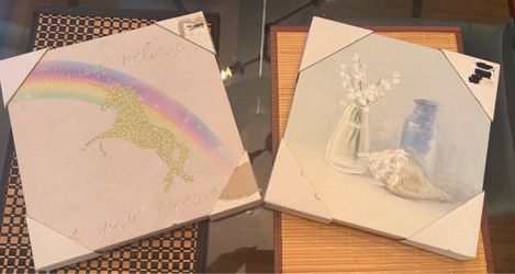 Set of 2 Canvas Wall Art Decor (Unicorn & Floral Spa) 12x12 - NEW