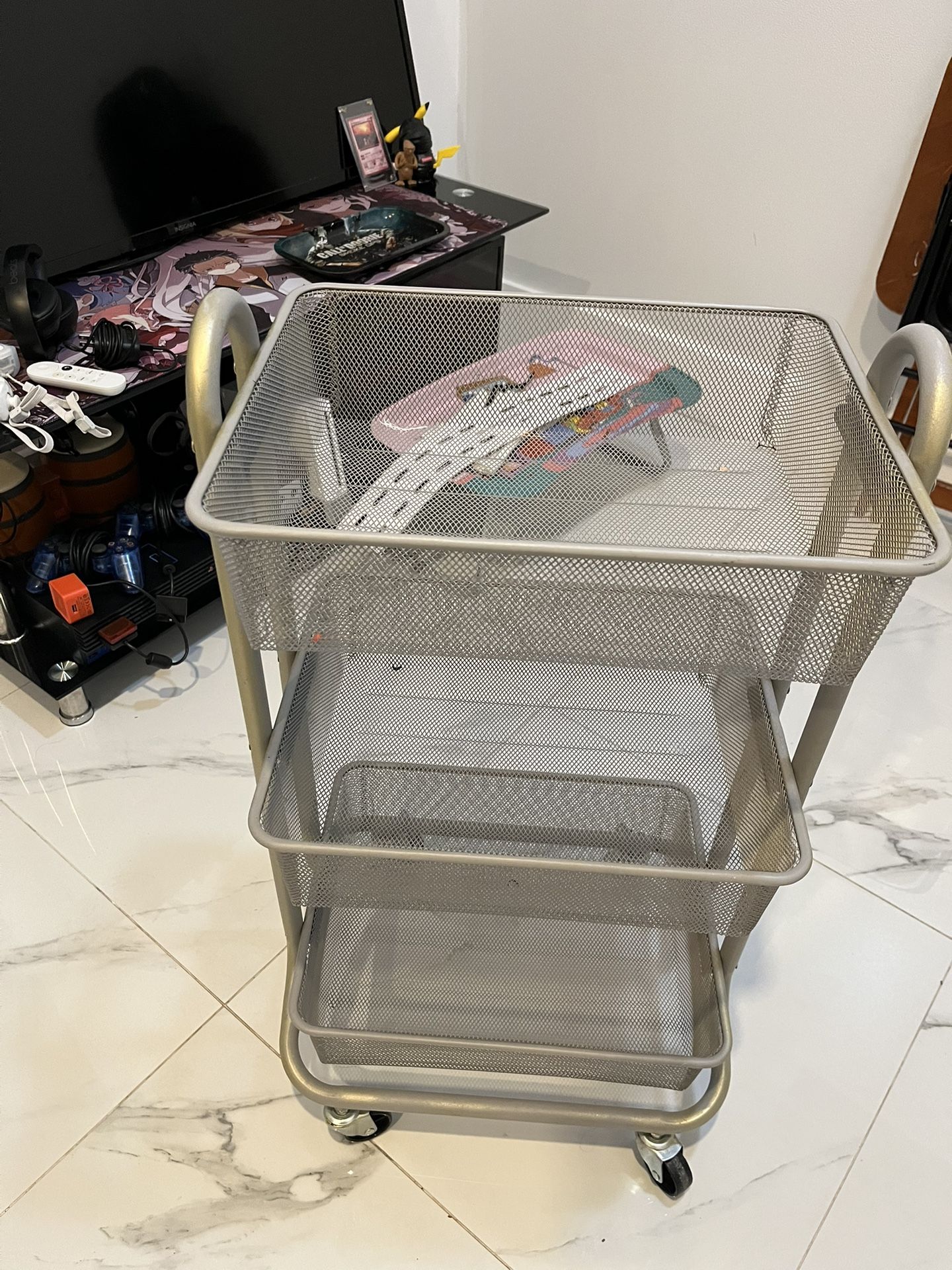 3 Tier Storage Rack Rolling With Wheels Grey Basket Caddy Storage