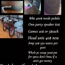 Bike/amp/head Unit/full Pc Setup/onn Party Speaker/xbox Games