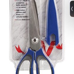Copco 4-in-1 Ultimate Soft Grip Stainless Steel Kitchen Shears with Blade Cover, 10.83-Inch, Royal Blue and Gray