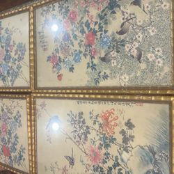 Vintage Chinese Flower Bird  Paintings Lot Of Four
