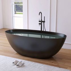 Shop MEDUNJESS Eaton 65 in. x 30 in. Stone Resin Solid Surface Matte Flatbottom Freestanding Soaking Bathtub in Black