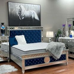 Blue Mirrorred Upholstered 4-piece King Bedroom Set/ Bed,dresser, Mirror, NightStand / The Chest Sold and Mattress Separately/