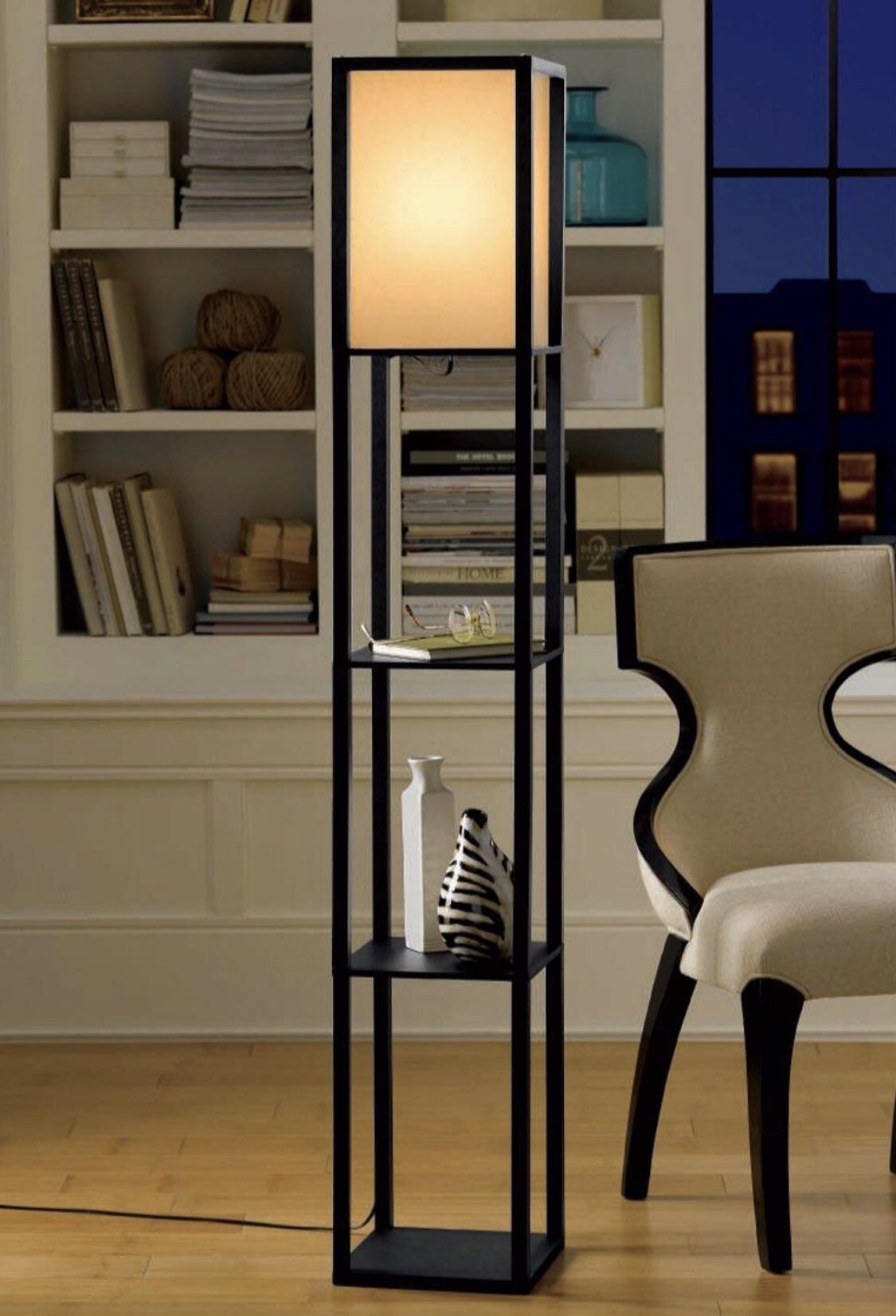 Floor Lamp with Shelving - Made of Wood - Linen Shade and Pull Chain Light - NEW IN BOX - Shippable 📦