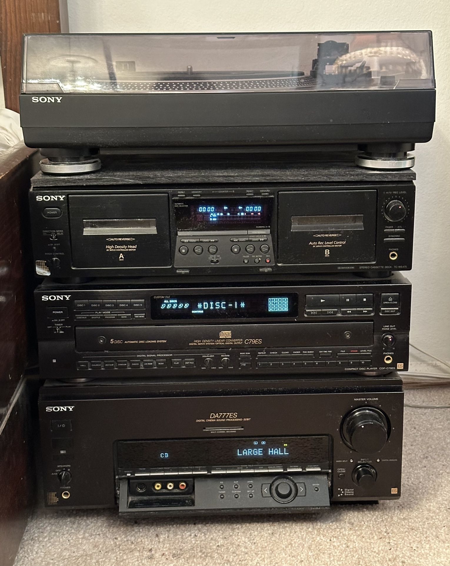 Vintage Sony ES Stack Flagship Stereo 5.1 Receiver, CD Changer, Cassette Deck, Turntable Record Player, Remotes