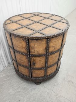 Duffel Drum Table, Old World Maps inside & out. 28" wide, 28" tall