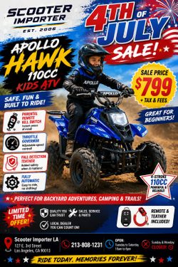 4TH OF JULY SPECIAL.  APOLLO HAWK 110CC YOUTH ATV