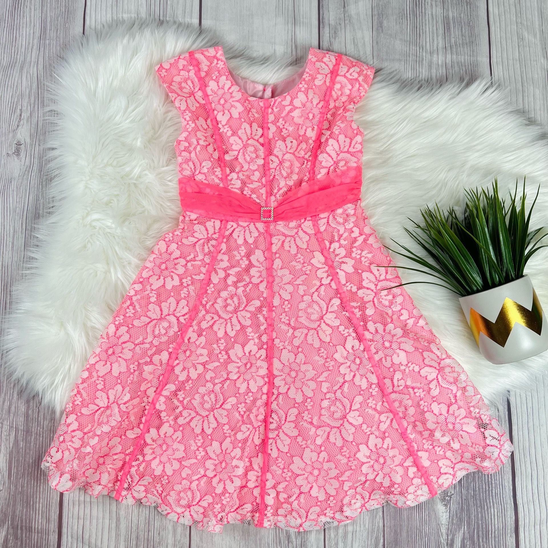 Size 7 Girls Hot Pink Lace Dress Party Wedding Church Formal Jona Michelle